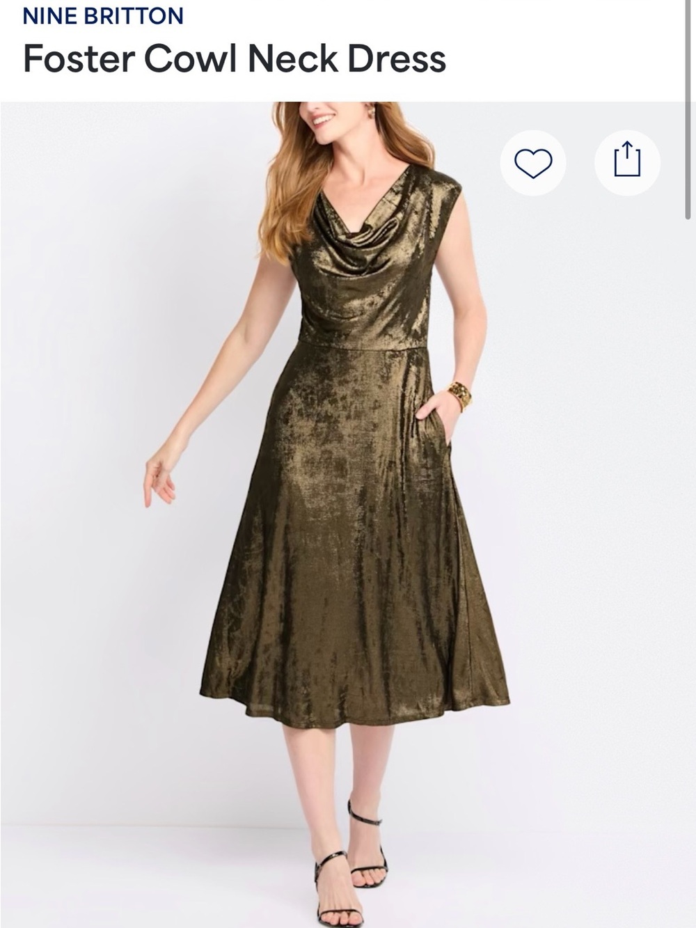 nine britton Olive Metallic Cowl Neck Midi Dress